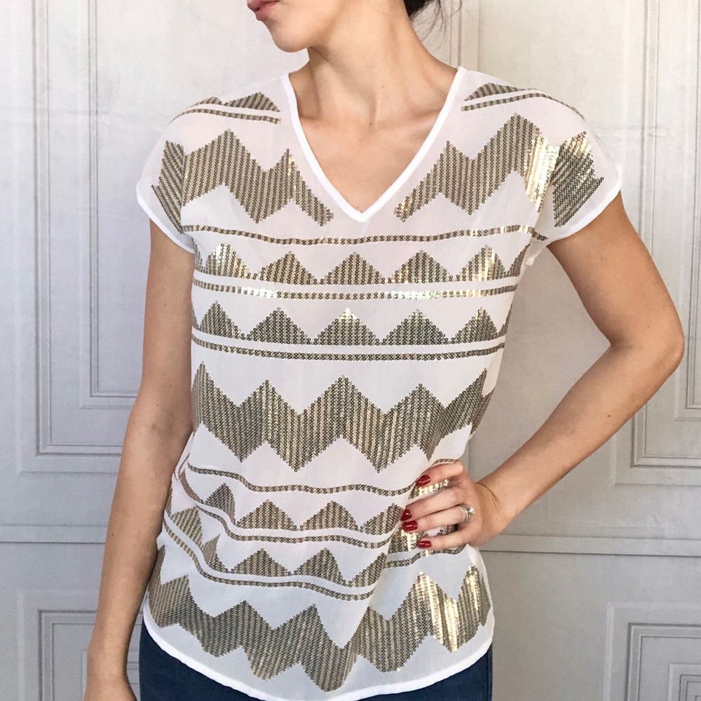 Saks 5th Ave White and Gold Sequin Sheer Blouse